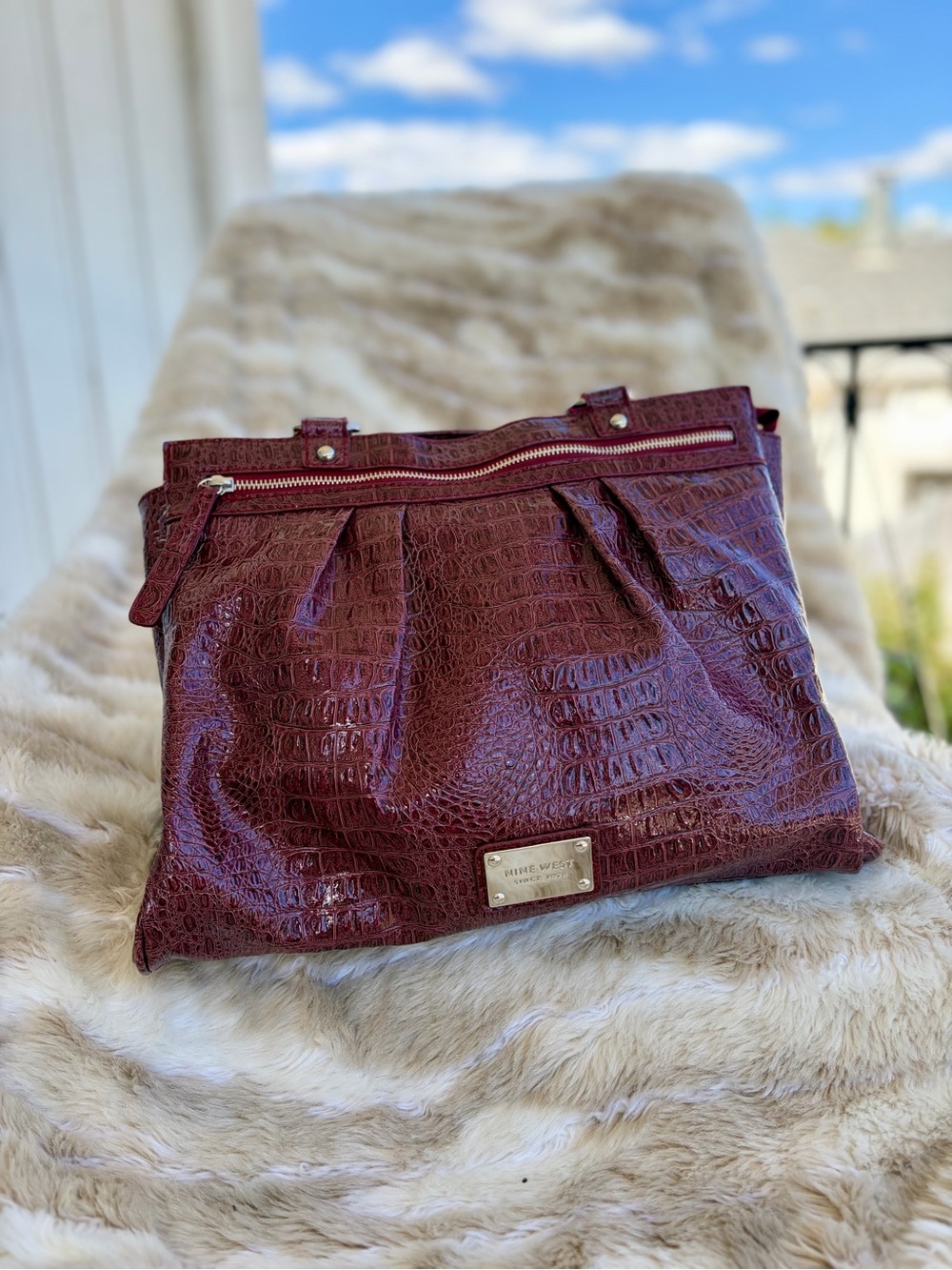 Vintage Nine West Maroon Croc-Embossed Shoulder Bag Tote